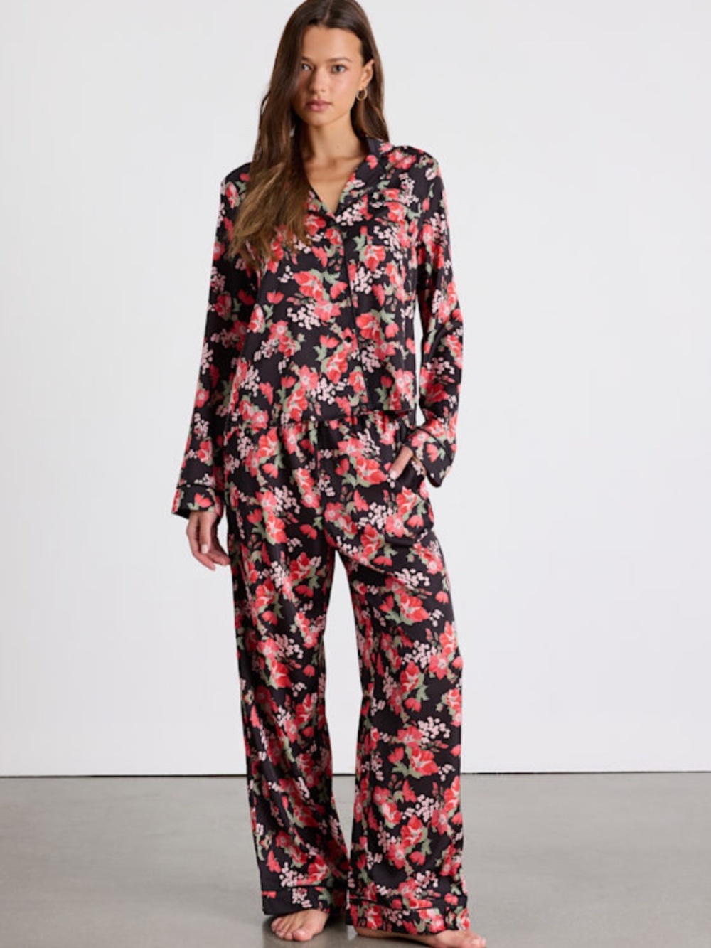 Lulus Galette Black Multi Floral Satin Two-piece Pajama Set - Size XL